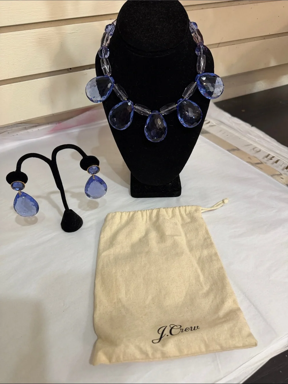 J. Crew Blue Faceted Teardrop Crystal Necklace with Matching Earrings